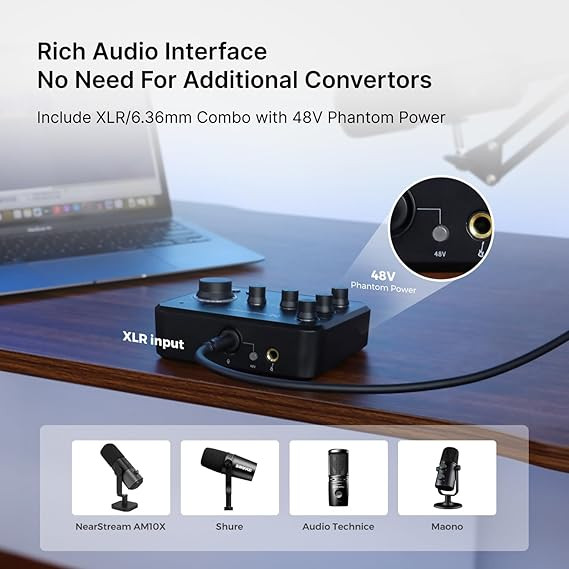 Audio Interface for Recording, Streaming, Podcasting, Rechargeable Audio Mixer with Pro-preamp, 8 Channel, XLR, 48V Phantom Power, Line & DI Inputs, Bluetooth, for PC & Smartphone (AMIX20B) میکسر و اینترفیس