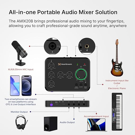 Audio Interface for Recording, Streaming, Podcasting, Rechargeable Audio Mixer with Pro-preamp, 8 Channel, XLR, 48V Phantom Power, Line & DI Inputs, Bluetooth, for PC & Smartphone (AMIX20B) میکسر و اینترفیس