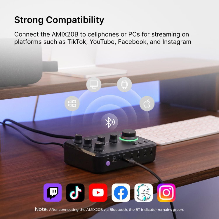 Audio Interface for Recording, Streaming, Podcasting, Rechargeable Audio Mixer with Pro-preamp, 8 Channel, XLR, 48V Phantom Power, Line & DI Inputs, Bluetooth, for PC & Smartphone (AMIX20B) میکسر و اینترفیس