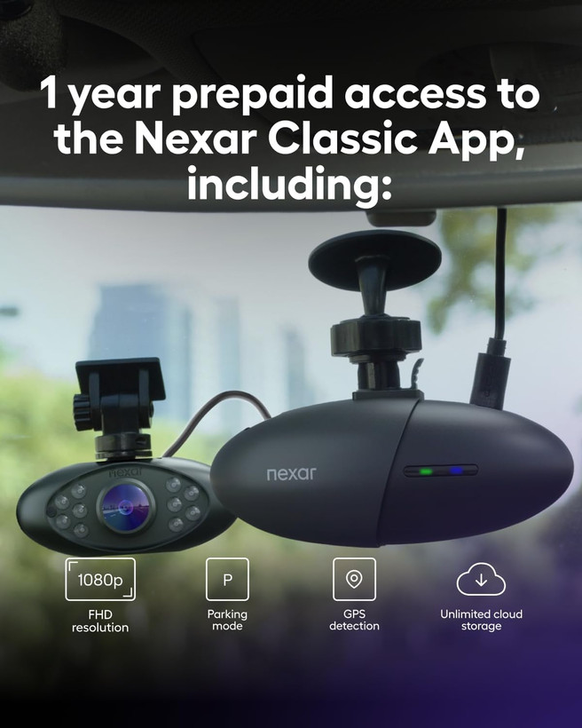 دوربین ثبت وقایع خودرو مارک nexar pro nexar pro Nexar Pro GPS Dash Cam System – Dual Dashcam Front and Interior Dash Camera for Cars with 64GB SD Card Unlimited Cloud Storage 24/7 Parking Mode Night Vision and 1-Year Nexar Classic App Subscription