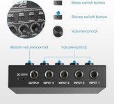 مینی میکسر مونو استریو 4کانال Moukey mamx1Moukey Mini Audio Mixer, DC 5V, 4 Stereo Ultra, Low Noise 4 Channel Line Mixer for Sub-Mixing, for Small Clubs or Bars, As Guitars, Bass, Keyboards Mixer, MAMX1
