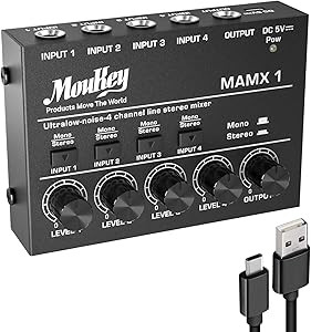 مینی میکسر مونو استریو 4کانال Moukey mamx1 Moukey Mini Audio Mixer, DC 5V, 4 Stereo Ultra, Low Noise 4 Channel Line Mixer for Sub-Mixing, for Small Clubs or Bars, As Guitars, Bass, Keyboards Mixer, MAMX1