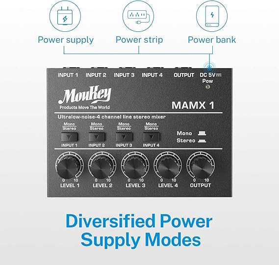 مینی میکسر مونو استریو 4کانال Moukey mamx1Moukey Mini Audio Mixer, DC 5V, 4 Stereo Ultra, Low Noise 4 Channel Line Mixer for Sub-Mixing, for Small Clubs or Bars, As Guitars, Bass, Keyboards Mixer, MAMX1