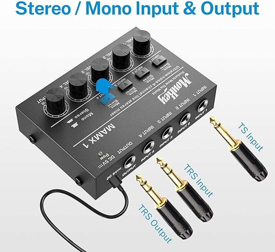مینی میکسر مونو استریو 4کانال Moukey mamx1Mini Audio Mixer, DC 5V, 4 Stereo Ultra, Low Noise 4 Channel Line Mixer for Sub-Mixing, for Small Clubs or Bars, As Guitars, Bass, Keyboards Mixer, MAMX1