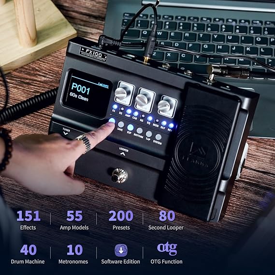 مولتی افکت  flamma fx100FLAMMA FX100 Guitar Multi-effects Pedal with 55 Amp Models 151 Built-in Effects 80' Looper 40 Drum Machine 10 3rd Party IR Slots Headphone OTG for Home...