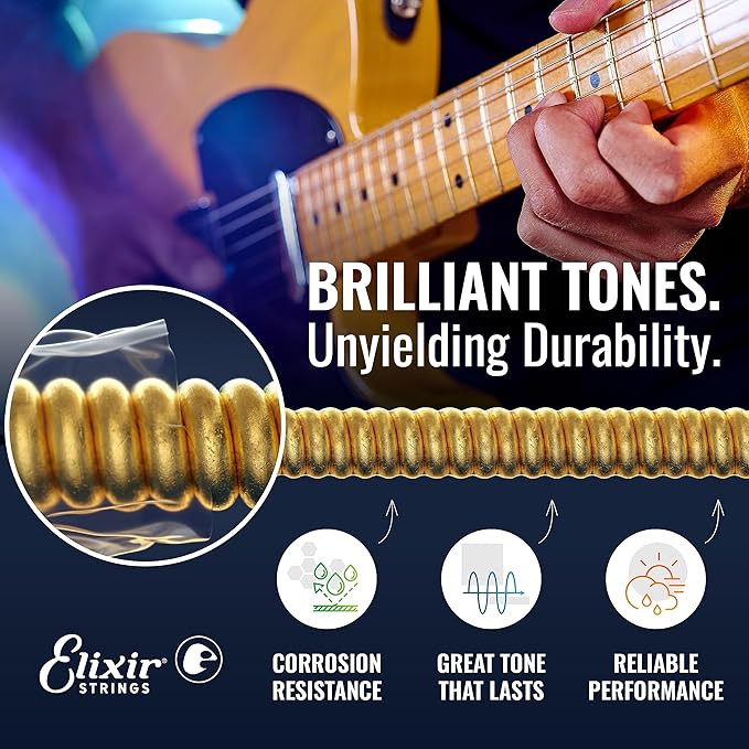 سیم گیتار الکتریک الکسیر 1052 Elixir Strings, Electric Guitar Strings, Nickel Plated Steel with NANOWEB Coating, Longest-Lasting Bright Tone with Comfortable Feel, 6 String Set, Light/Heavy 10-52