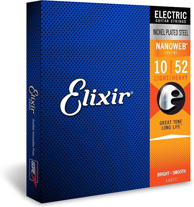 سیم گیتار الکتریک الکسیر 1052 Elixir Strings, Electric Guitar Strings, Nickel Plated Steel with NANOWEB Coating, Longest-Lasting Bright Tone with Comfortable Feel, 6 String Set, Light/Heavy 10-52