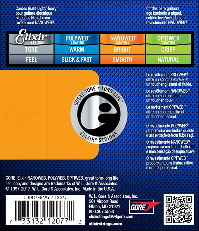 سیم گیتار الکتریک الکسیر 1052 Elixir Strings, Electric Guitar Strings, Nickel Plated Steel with NANOWEB Coating, Longest-Lasting Bright Tone with Comfortable Feel, 6 String Set, Light/Heavy 10-52