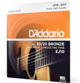 سیم گیتار اکوستیک داداریو Ej10 D'Addario Acoustic Guitar Strings, 80/20 Bronze, EJ10, Extra Light Gauge 10-47, 6-String Set, Pack of 1