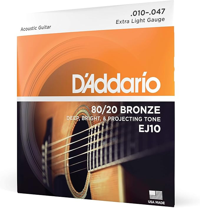 سیم گیتار اکوستیک داداریو Ej10 D'Addario Acoustic Guitar Strings, 80/20 Bronze, EJ10, Extra Light Gauge 10-47, 6-String Set, Pack of 1