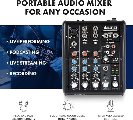 میکسر و اینترفیس Alto truemix500 ALTO TrueMix 500 Audio Mixer with XLR Mic In and USB Audio Interface for Podcasting, Live Performance, Streaming, Recording, DJ, Mac and PC