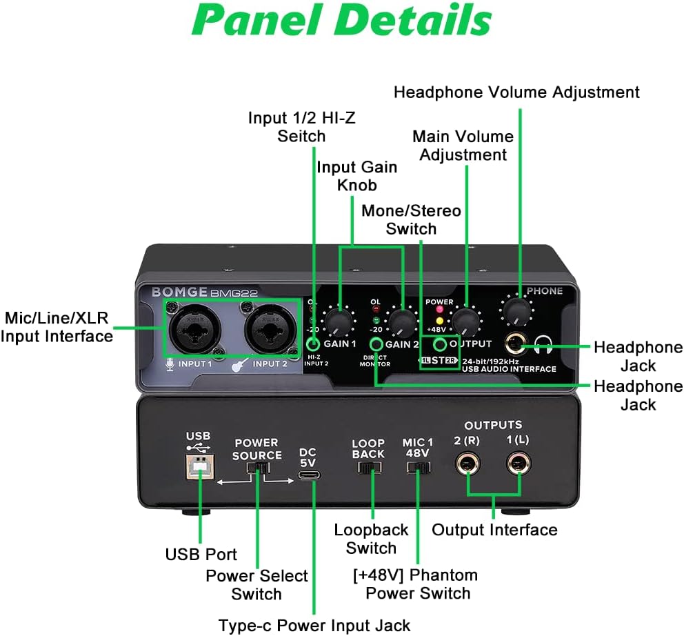 BOMGE USB Audio Interface(24 bit/192 kHz) with XLR, phantom power, Direct Monitoring, Loopback for PC Recording, Streaming,Guitarist, Vocalist,and Podcasting کارت صدا اینترفیس bomge bmg22
