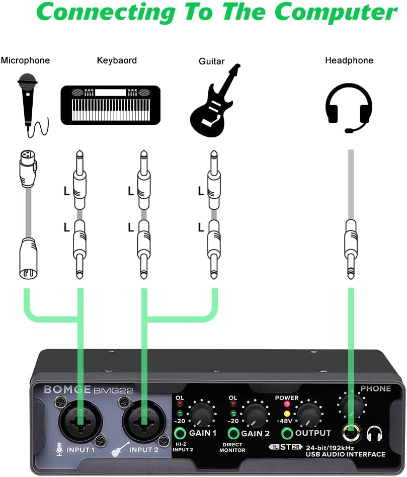 BOMGE USB Audio Interface(24 bit/192 kHz) with XLR, phantom power, Direct Monitoring, Loopback for PC Recording, Streaming,Guitarist, Vocalist,and Podcasting کارت صدا اینترفیس bomge bmg22