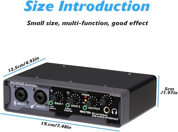 BOMGE USB Audio Interface(24 bit/192 kHz) with XLR, phantom power, Direct Monitoring, Loopback for PC Recording, Streaming,Guitarist, Vocalist,and Podcasting کارت صدا اینترفیس bomge bmg22
