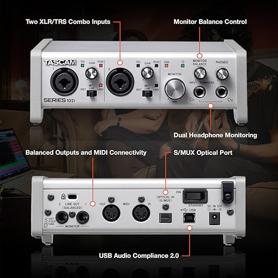Tascam SERIES 102i 10 IN/2 OUT USB Audio Interface with MIDI, DAW Recording Software for Songwriting, Podcasting, Recording,Silver کارت صدا و اینترفیس tascam 102i