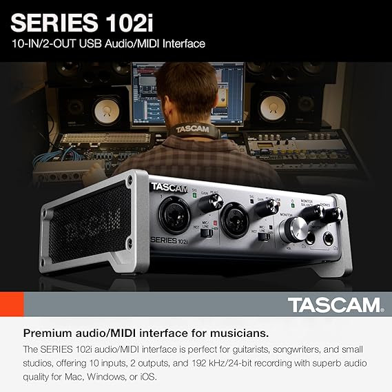 Tascam SERIES 102i 10 IN/2 OUT USB Audio Interface with MIDI, DAW Recording Software for Songwriting, Podcasting, Recording,Silver کارت صدا و اینترفیس tascam 102i