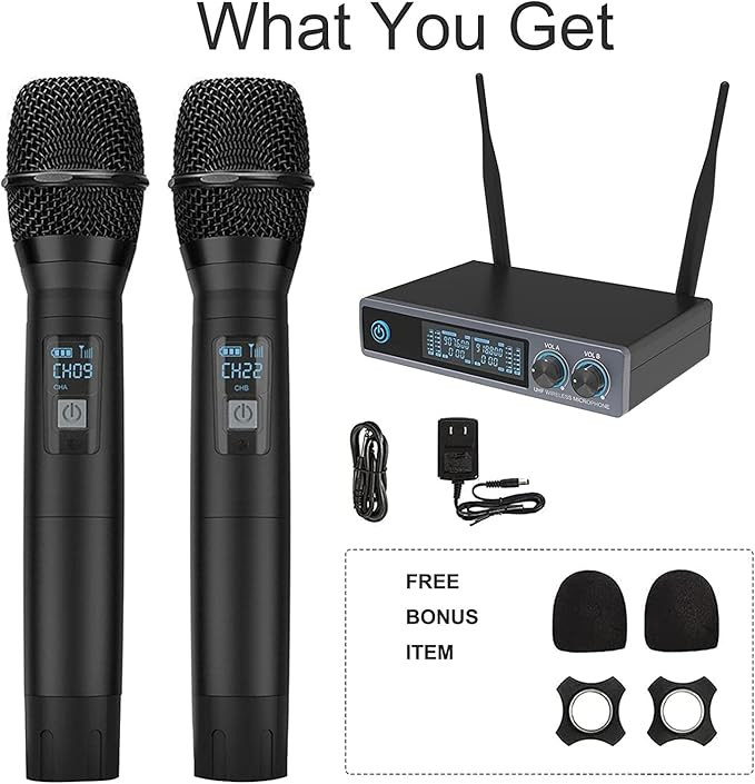 میکرفون وایرلس حرفه ای perway vw022 PERWHY UHF Wireless Microphone, Metal Professional Dual Channel Handheld Dynamic Mic System, for Karaoke, Party, Church, DJ, Wedding, Meeting, Home KTV Set, Outdoor Events, 200ft(VW-022)