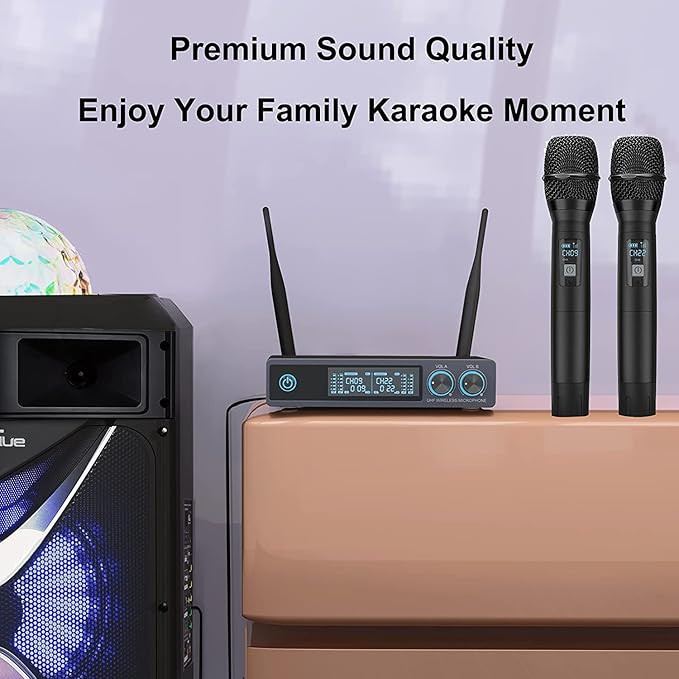 میکرفون وایرلس حرفه ای perway vw022 PERWHY UHF Wireless Microphone, Metal Professional Dual Channel Handheld Dynamic Mic System, for Karaoke, Party, Church, DJ, Wedding, Meeting, Home KTV Set, Outdoor Events, 200ft(VW-022)