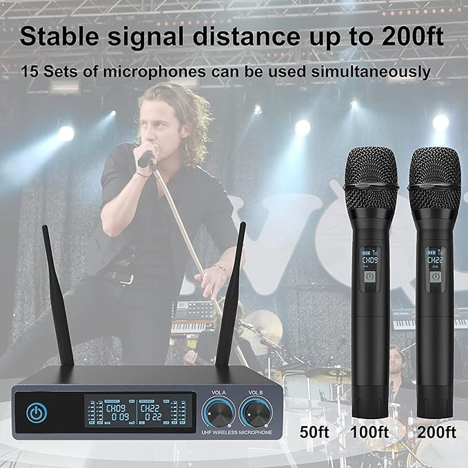 میکرفون وایرلس حرفه ای perway vw022 PERWHY UHF Wireless Microphone, Metal Professional Dual Channel Handheld Dynamic Mic System, for Karaoke, Party, Church, DJ, Wedding, Meeting, Home KTV Set, Outdoor Events, 200ft(VW-022)