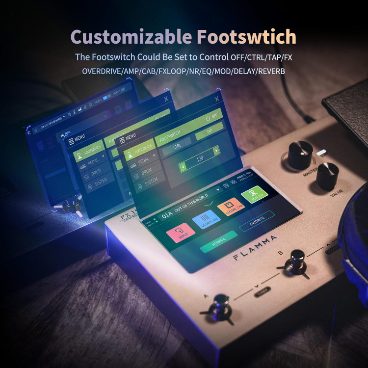 مولتی افکت flamma fx150 FLAMMA FX150 Multi Effects Processor Electric Guitar Pedal with Amp Modelling Cabinet Simulation Global EQ Touchscreen 160 Built-in Effects 180 Editable User Effects Slots Looper Main I/O Ports