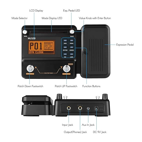 MU100 Guitar Multi-Effects Processor Electric Guitar Effect Pedal Supports 180s Loop Recording Tuner Tempo Rhythm Setting Scale & Chord Lesson Functions (BlackEU Plug) -Layfoo مولتی افکت muslady mu100