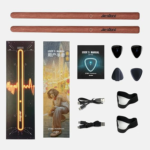 درام مجازی aerodrum 2 AeroBand Air Electronic Drum Kit Drum Sticks PocketDrum 2 8 Pad Drum Kit with Foot Sensor/2 Pocket Guitars Portable Bluetooth MIDI Compatible Birthday Anniversary (Wood Grain Style)