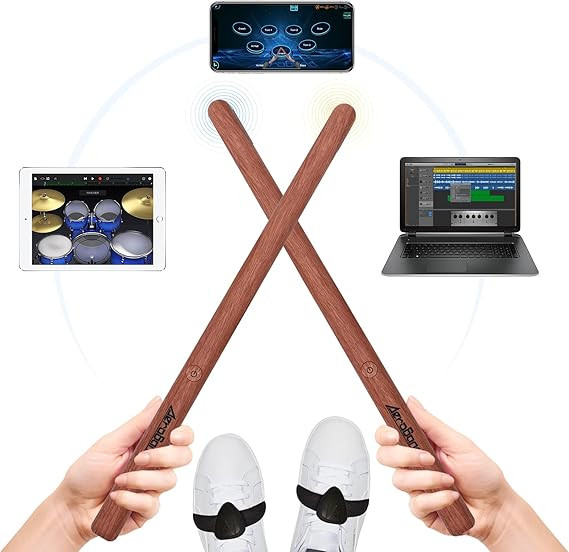 درام مجازی aerodrum 2 AeroBand Air Electronic Drum Kit Drum Sticks PocketDrum 2 8 Pad Drum Kit with Foot Sensor/2 Pocket Guitars Portable Bluetooth MIDI Compatible Birthday Anniversary (Wood Grain Style)
