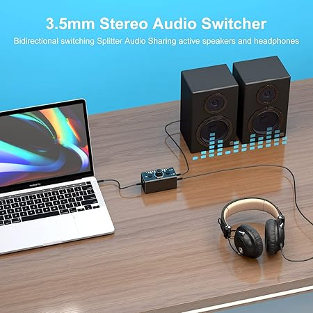 Audio Switch Bi-Directional 2 Port 3.5mm AUX Headphone Switcher Stereo Audio Selector Box Audio Splitter Volume Adjustable One Key Mute (2 in 1 Out /1 in 2 Out Audio)