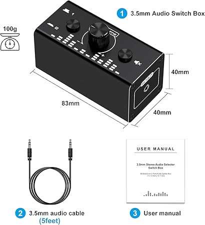 Audio Switch Bi-Directional 2 Port 3.5mm AUX Headphone Switcher Stereo Audio Selector Box Audio Splitter Volume Adjustable One Key Mute (2 in 1 Out /1 in 2 Out Audio)