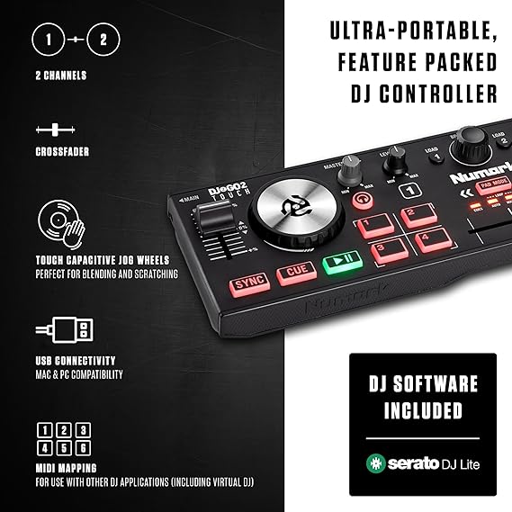 Numark DJ2GO2 Touch Compact DJ Controller with 2 Decks, Mixer, Audio Interface and Serato Lite