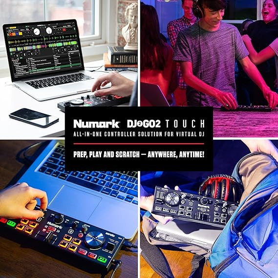 Numark DJ2GO2 Touch Compact DJ Controller with 2 Decks, Mixer, Audio Interface and Serato Lite
