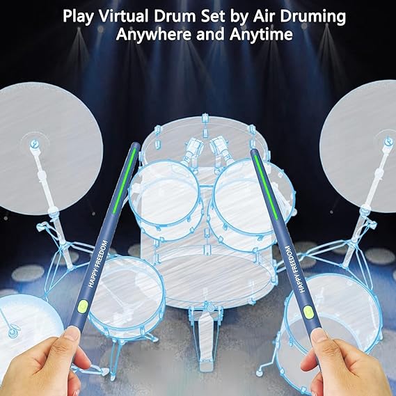 درام مجازی happy freedom Virtual Air Drum Set, Bluetooth RGB Electric Air Drum Sticks with 8 Sound, 3D Motion Sensing, Portable Rechargeable Drumsticks, for Beginners Kids Adults