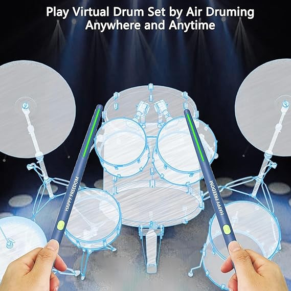 درام مجازی happy freedom Virtual Air Drum Set, Bluetooth RGB Electric Air Drum Sticks with 8 Sound, 3D Motion Sensing, Portable Rechargeable Drumsticks, for Beginners Kids Adults