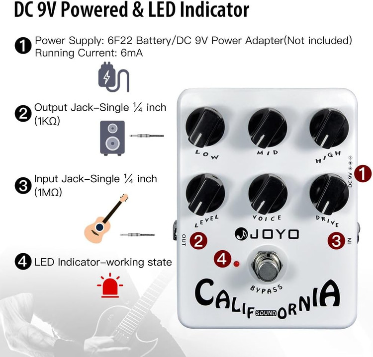 JOYO Overdrive Distortion Pedal Amp Simulator Rock Tones from OD to Dist for Electric Guitar Effect - Bypass (California Sound JF-15)