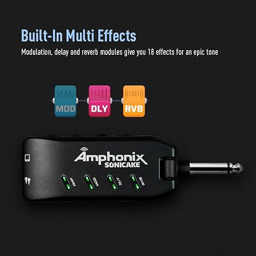 پلاگین مولتی افکت بلوتوث دار sonicake Amphonix SONICAKE Guitar Headphone Amp Plug-in USB Rechargable Portable Pocket Guitar Amplifier with Bluetooth Multi-Effects Clean Overdrive Distortion Modulation Delay and Reverb