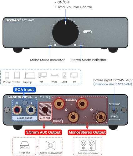پری امپلیفایر Aiyima a07max AIYIMA A07 MAX 2 Channel Stereo Amplifier Home Audio 300W*2 TPA3255 Class D Power Amp/Bridgeable Mono Amplifier 600 Watt with 3.5mm Line Output for Passive Bookshelf Speakers+DC36V 6A Power Adapter