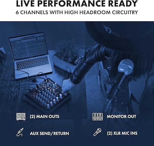 میکسر 4کانال Alto truemix600 ALTO TrueMix 600 Audio Mixer with 2 XLR Mic Ins, USB Audio Interface and Bluetooth for Podcasting, Live Performance, Recording, DJ, Mac and PC