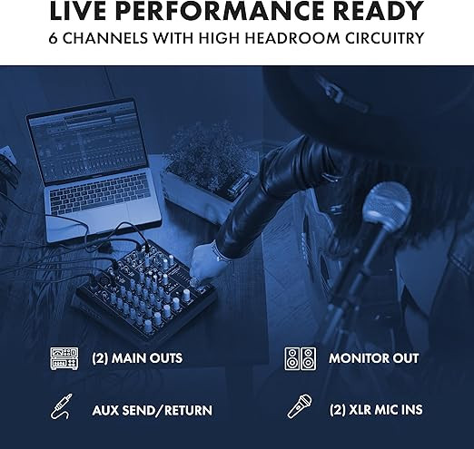 میکسر 4کانال Alto truemix600 ALTO TrueMix 600 Audio Mixer with 2 XLR Mic Ins, USB Audio Interface and Bluetooth for Podcasting, Live Performance, Recording, DJ, Mac and PC