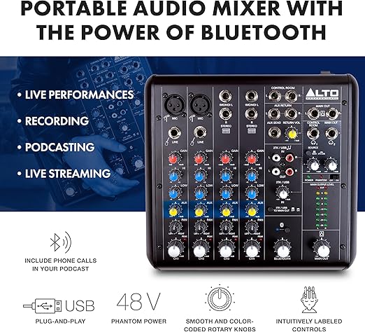 میکسر 4کانال Alto truemix600 ALTO TrueMix 600 Audio Mixer with 2 XLR Mic Ins, USB Audio Interface and Bluetooth for Podcasting, Live Performance, Recording, DJ, Mac and PC