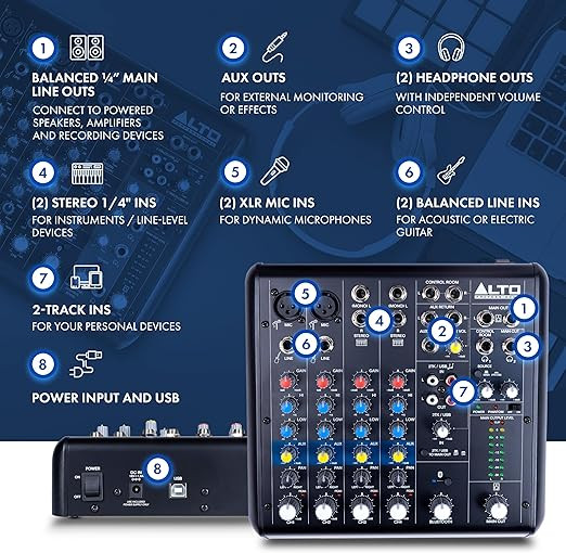 میکسر 4کانال Alto truemix600 ALTO TrueMix 600 Audio Mixer with 2 XLR Mic Ins, USB Audio Interface and Bluetooth for Podcasting, Live Performance, Recording, DJ, Mac and PC