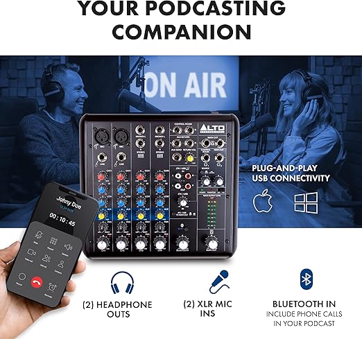 میکسر 4کانال Alto truemix600 ALTO TrueMix 600 Audio Mixer with 2 XLR Mic Ins, USB Audio Interface and Bluetooth for Podcasting, Live Performance, Recording, DJ, Mac and PC