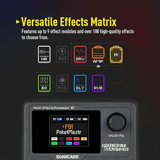 مولتی افکت پرتابل sonicake pocket master SONICAKE Pocket Master-Portable Multi Effects Pedal, 100+ Built-in Guitar/Bass/Acoustic Effects, Amp Modeling, IR Cabinets Simulation, Stereo OTG USB Audio Interface, Rechargeable Guitar Pedal (Black)