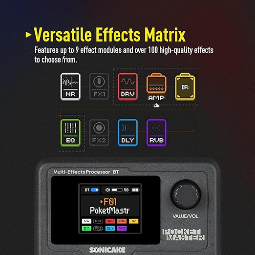 مولتی افکت پرتابل sonicake pocket master SONICAKE Pocket Master-Portable Multi Effects Pedal, 100+ Built-in Guitar/Bass/Acoustic Effects, Amp Modeling, IR Cabinets Simulation, Stereo OTG USB Audio Interface, Rechargeable Guitar Pedal (Black)