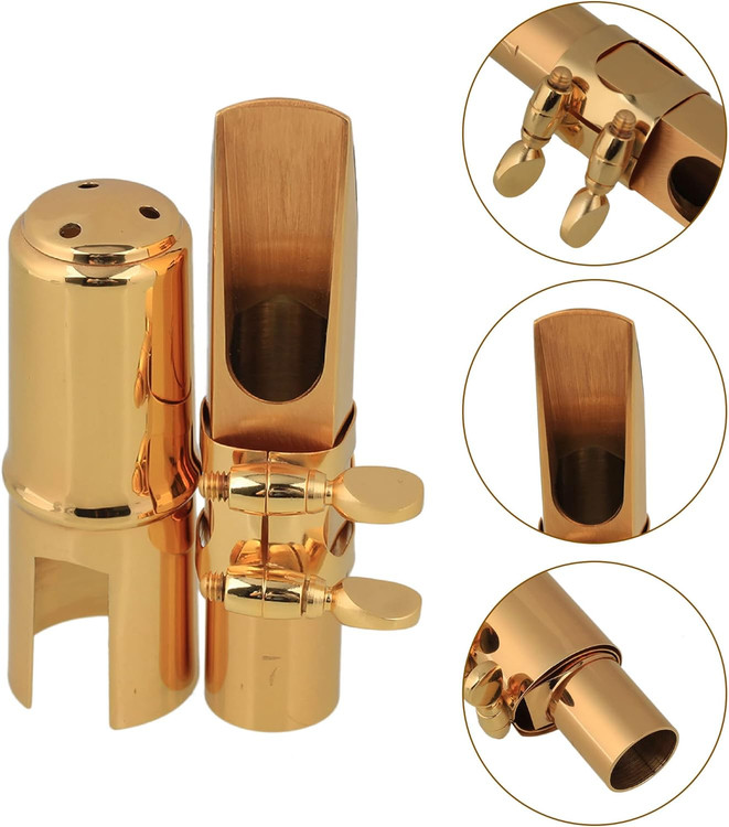 Yibuy Gold Plated Brass B-flat Tenor Saxophone Sax Mouthpiece with Cap Ligature 7#