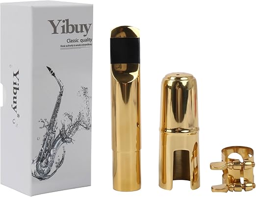 Yibuy Gold Plated Brass B-flat Tenor Saxophone Sax Mouthpiece with Cap Ligature 7#