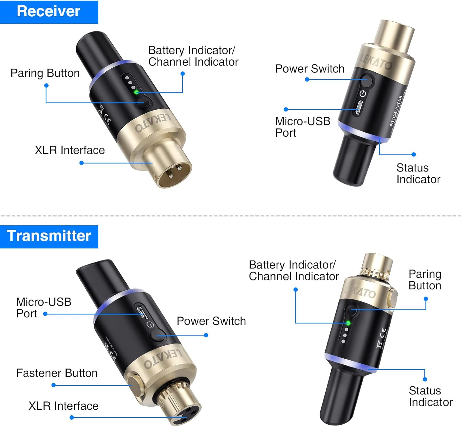 وایرلس میکرفون لکاتو lekato MW1 5.8g LEKATO 5.8GHz XLR Wireless Microphone Transmitter Receiver,XLR Microphone System Plug-on Rechargeable Mic Set for Dynamic Microphones, Audio Mixer, DSLR Camera, PA System