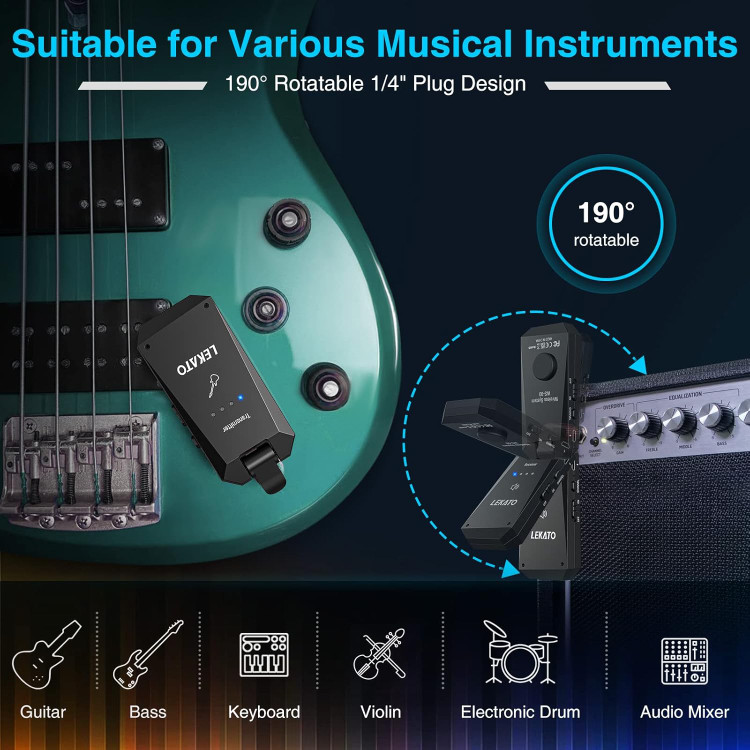 LEKATO 5.8Ghz Wireless Guitar Transmitter Receiver, Strong Anti-Interference Instrument Wireless System,Digital Audio Cordless Guitar Bass System High Frequency for Electric Guitars, Bass(WS90)