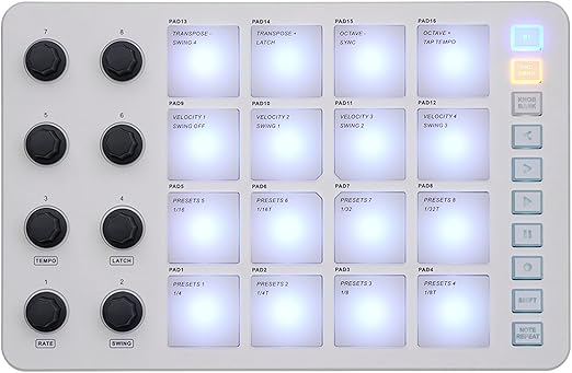 SMC PAD USB MIDI Keyboard Controller, Bluetooth MIDI Keyboard with 16 RGB Backlit Pads 8 Assignable Knobs and Note Repeat Function and 3.5mm MIDI Output میدی کنترلر کیبورد کنترلر بلوتوث m vave smc pad