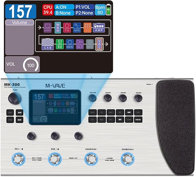 مولتی افکت m vave mk300 MK-300 Guitar Multi-Effects Processor Pedal with 320+ Effects,160 Presets,Looper, Expression Pedal, Drum Machine,MIDI Port, IR Loader,Neural Network Modeling,Guitar/Bass