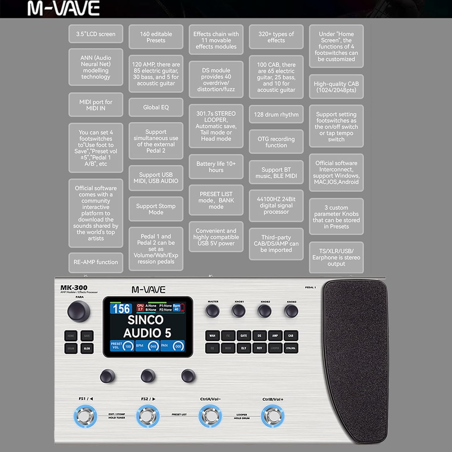 مولتی افکت m vave mk300 MK-300 Guitar Multi-Effects Processor Pedal with 320+ Effects,160 Presets,Looper, Expression Pedal, Drum Machine,MIDI Port, IR Loader,Neural Network Modeling，Guitar/Bass
